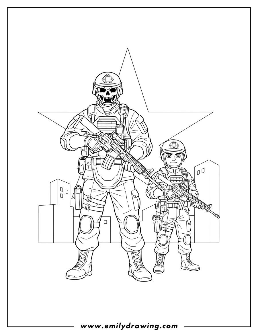 Printable coloring page of squad Call Duty, Ghost with a rifle and another soldier standing