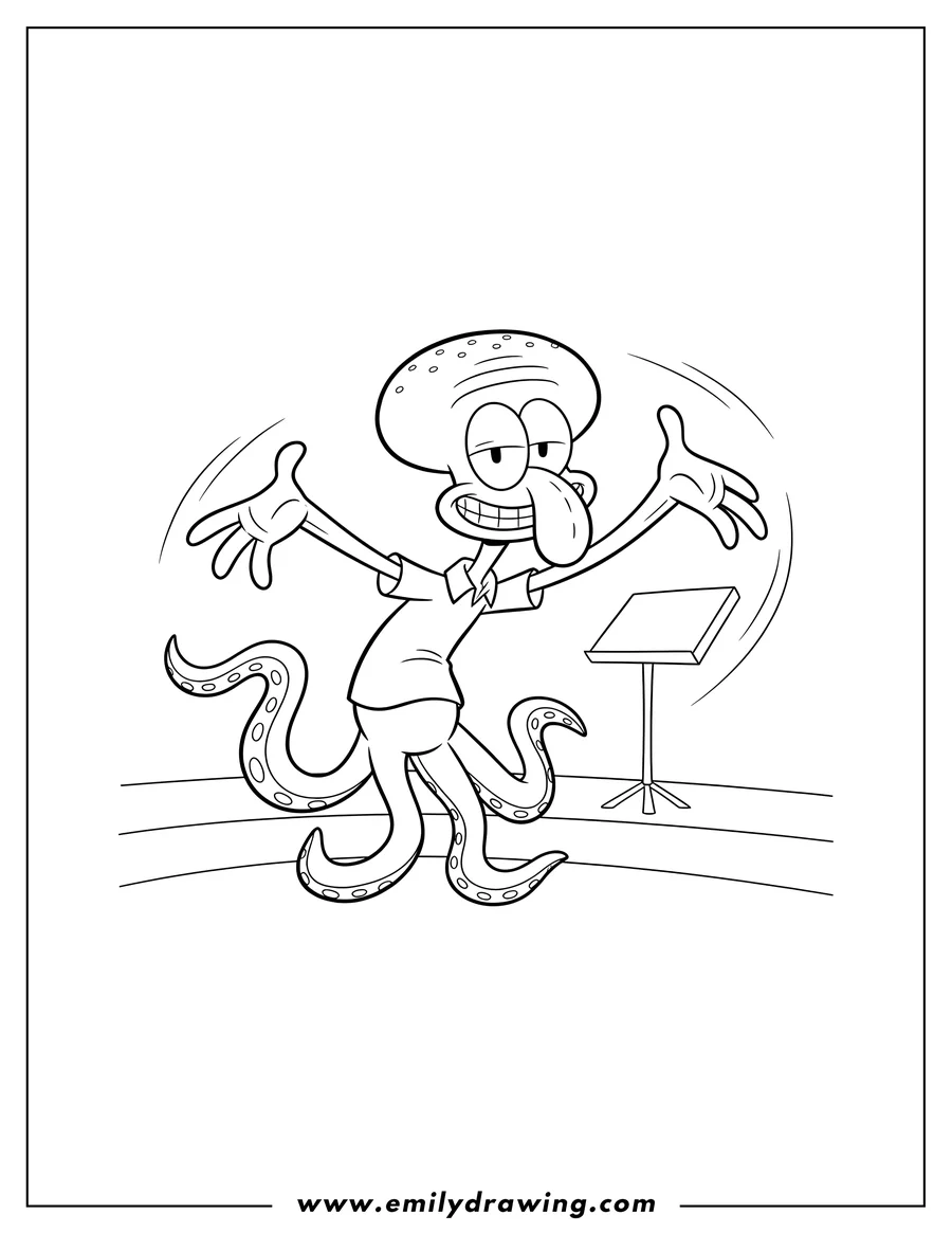 Black and white line art of squidward with tentacles outstretched