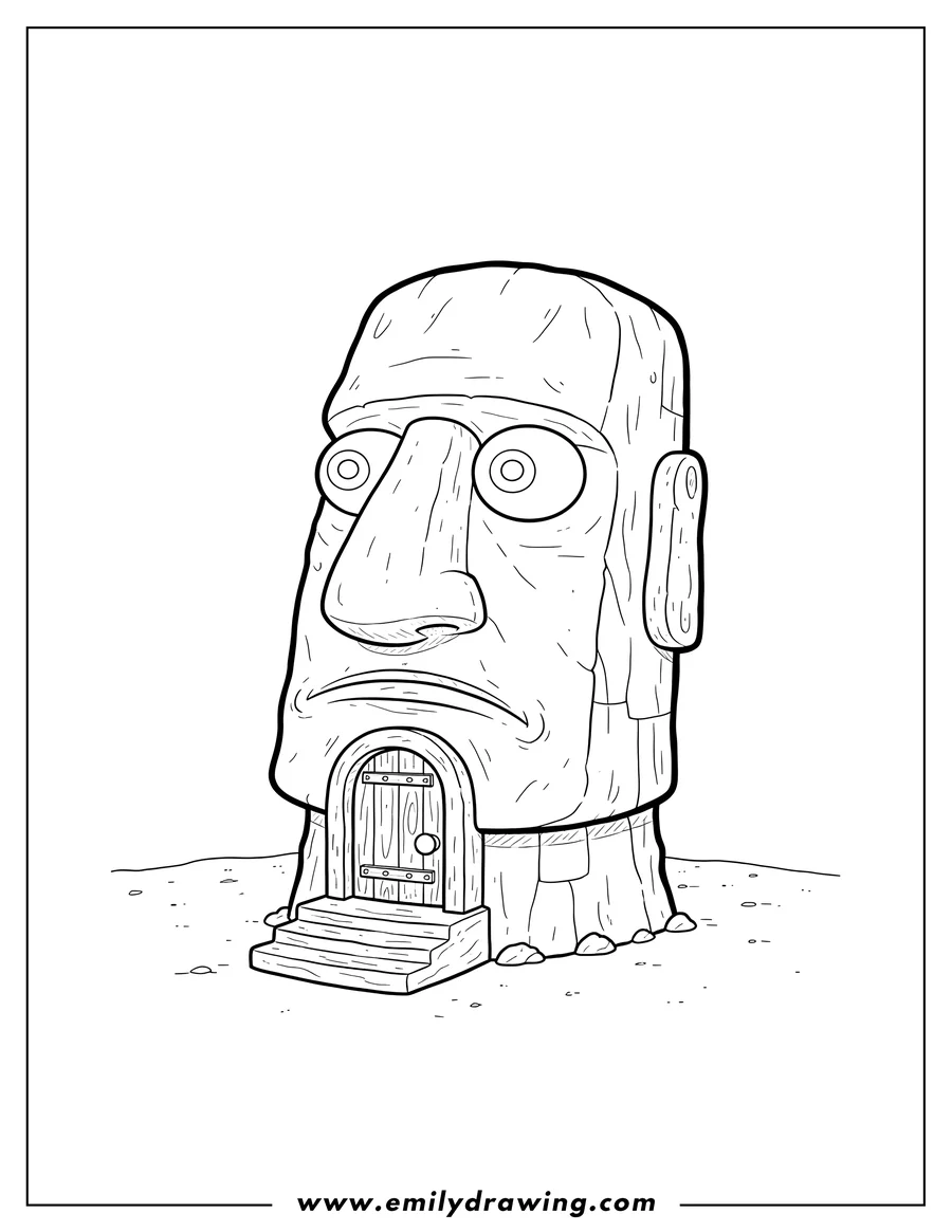 Coloring sheet featuring squidward S Moai House with a front door and steps