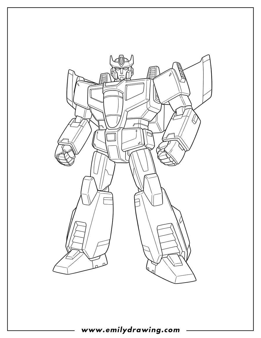 Coloring page for kids: star Saber Transformer standing upright with fists clenched