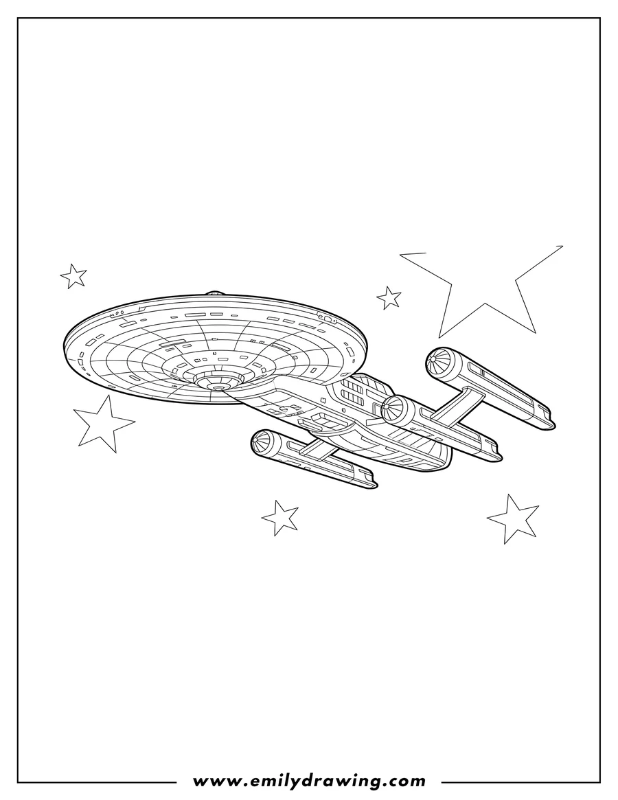 Outline drawing of star Trek Uss Voyager flying, angled view