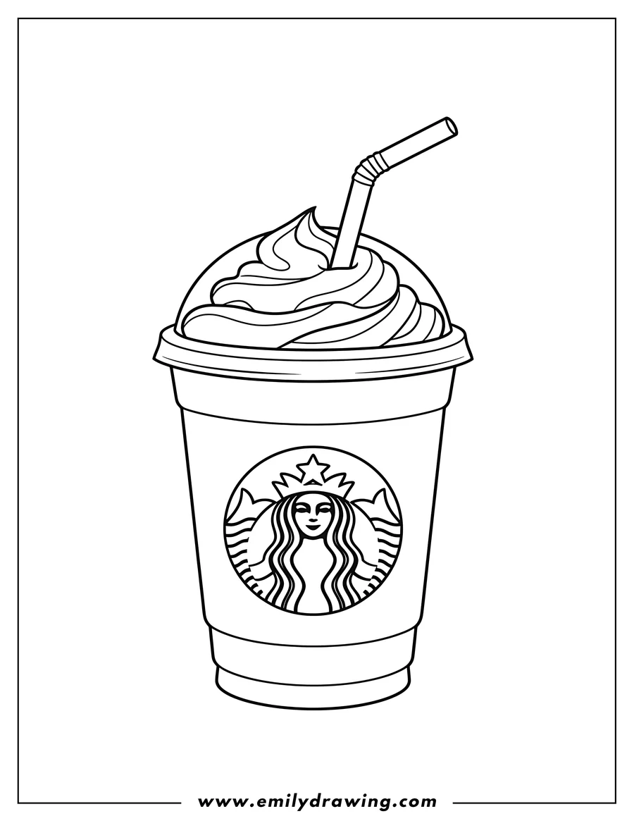 Coloring page for kids: easy Starbucks Frappe with whipped cream and a straw, featuring the Starbucks logo, outline