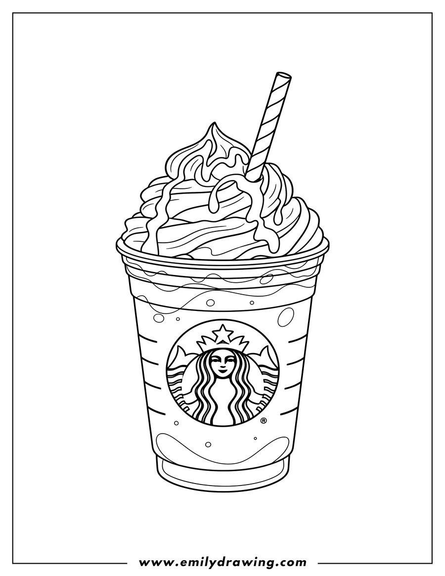 Printable coloring page of starbucks Frappe With Whipped Cream And Chocolate Syrup, with a straw and Starbucks logo on the cup