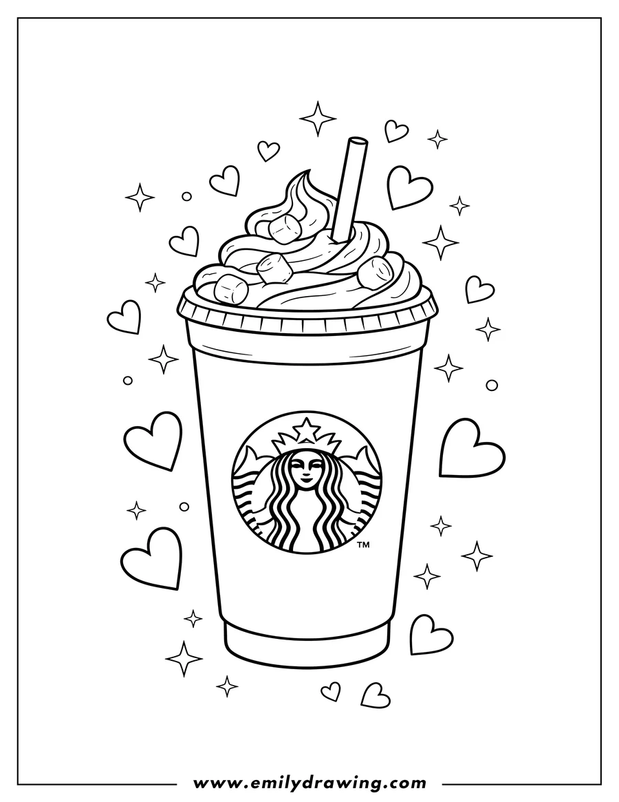 Printable coloring page of A Starbucks Hot Chocolate Drink with whipped cream, featuring the Starbucks logo on the cup, surrounded by hearts and sparkles