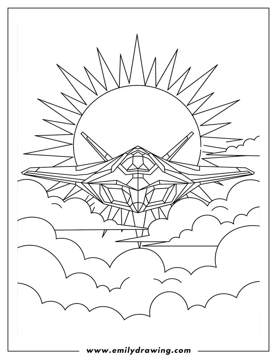 Coloring page of front View Stealth Aircraft Jet with geometric design, flying through clouds, with Sun Background