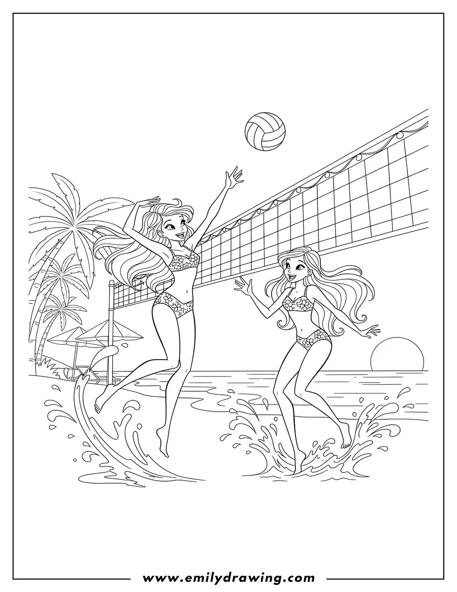 Vector style outline of stella and Bloom playing beach volleyball, with Bloom splashing water