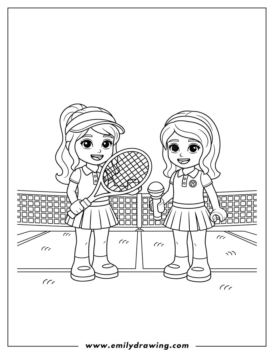 Free printable coloring sheet of lego Friends Stephanie And Olivia Tennis Outfits Preschoolers, with one holding a tennis racket and the other a microphone, smiling, coloring page