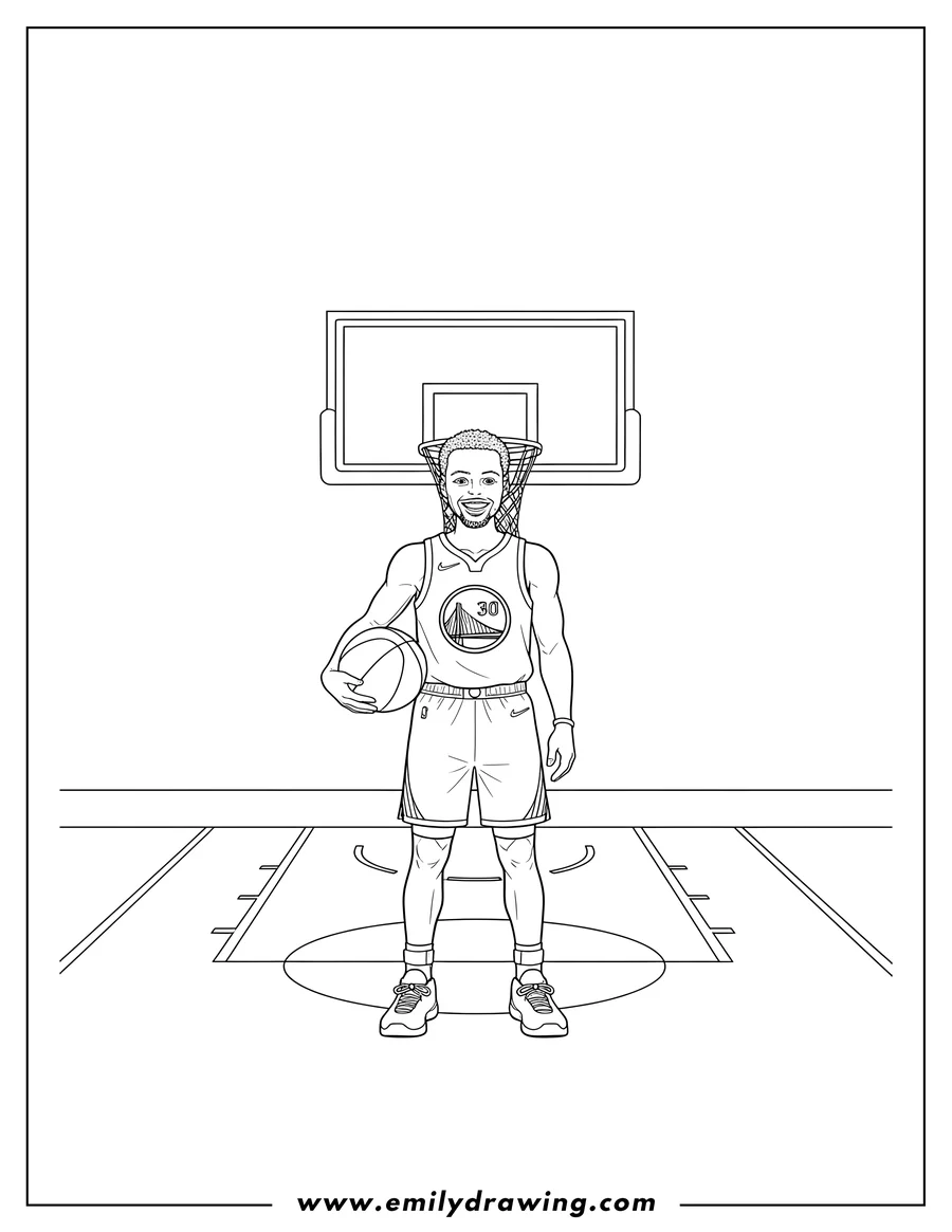Printable coloring page of stephen Curry Court, holding a basketball, wearing his number 30 jersey