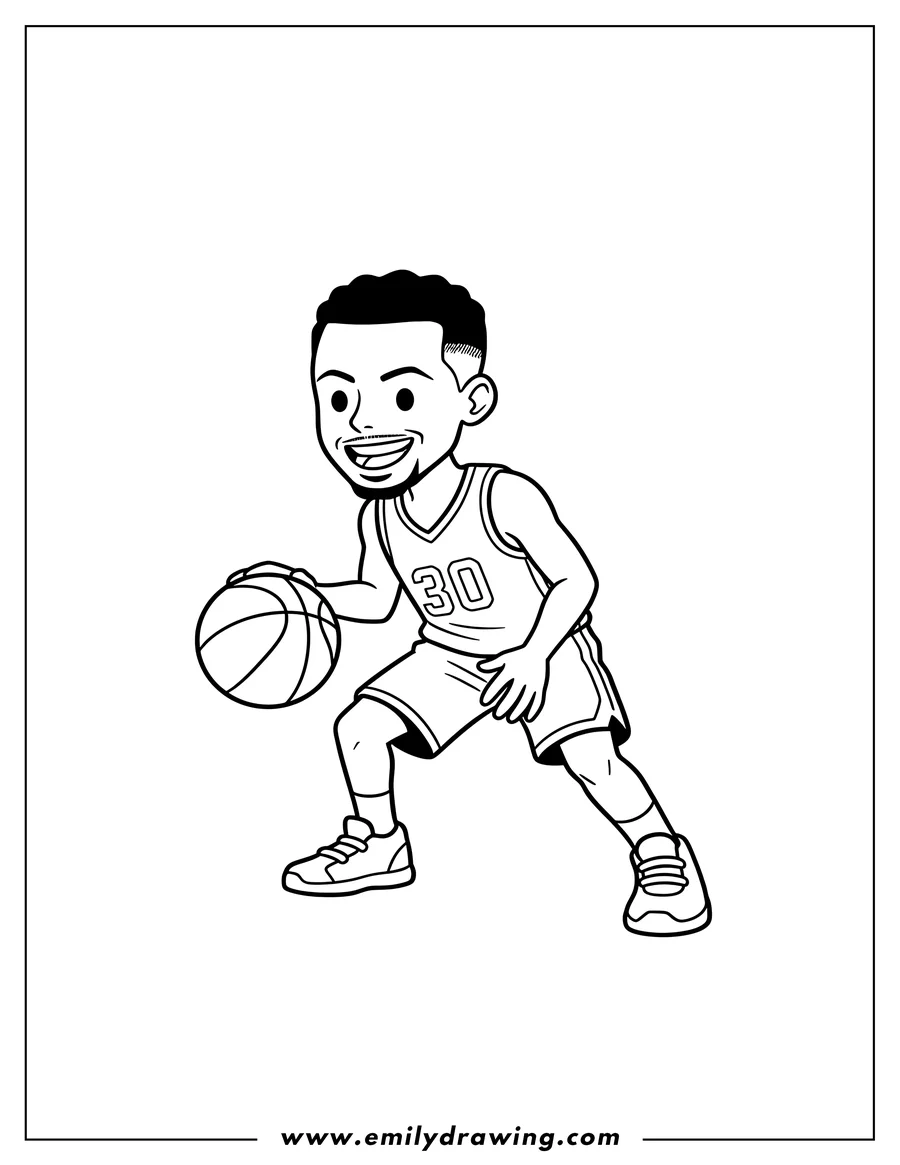 Clean line drawing: easy Stephen Curry dribbling a basketball