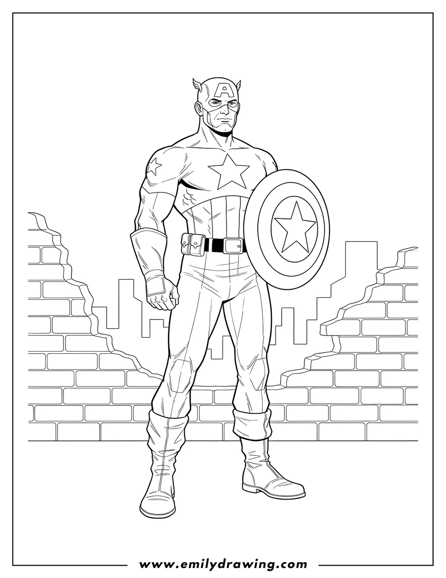 Coloring page of steve Rogers as Captain America standing and holding his shield