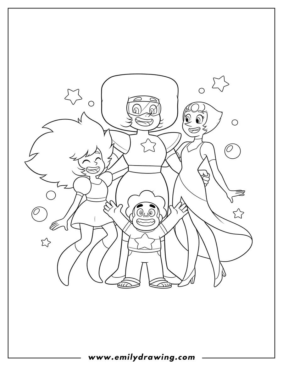 Downloadable coloring page of easy Steven Universe Garnet, Amethyst, Pearl, and Steven smiling together