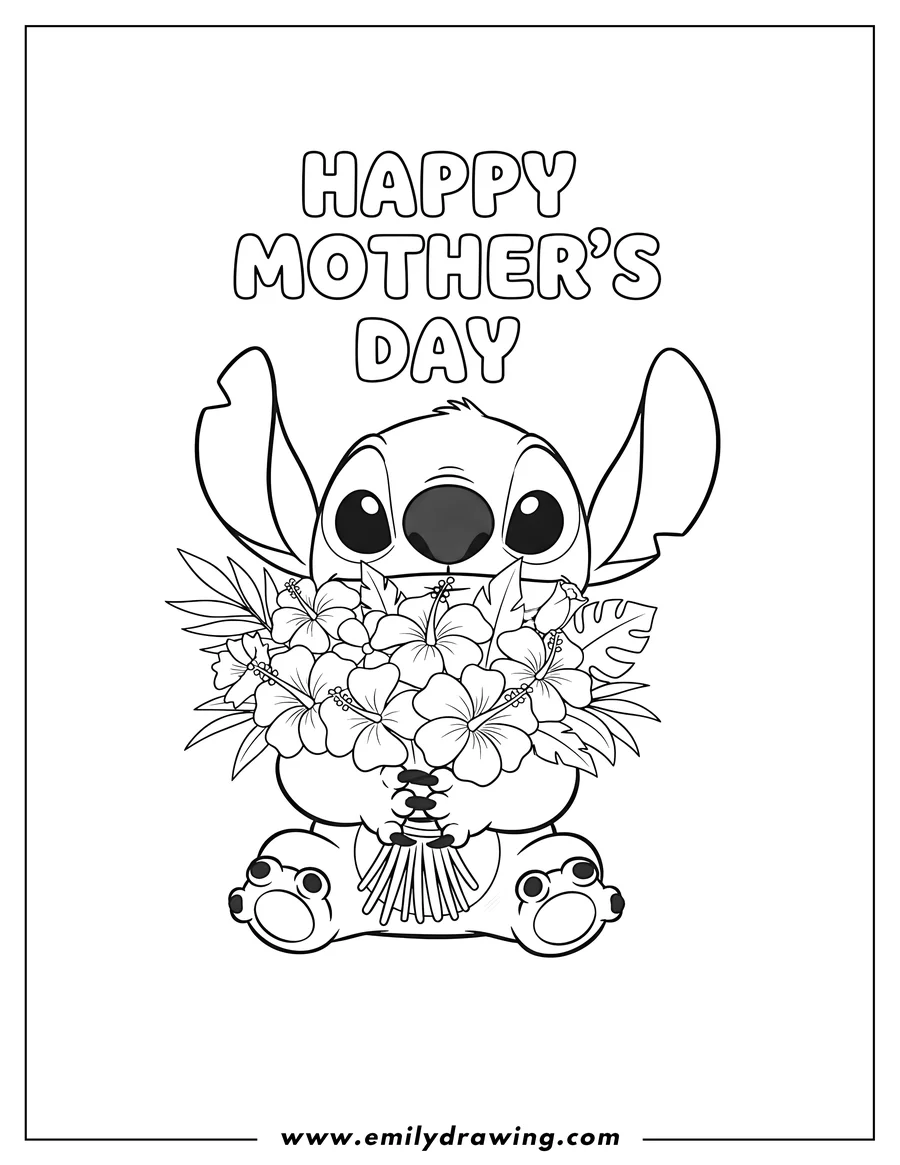 Full page coloring image of stitch sitting, holding a bouquet of flowers, with Happy Mother's Day text
