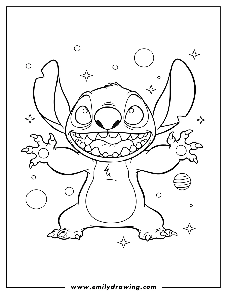 Clean line drawing: stitch standing with a big grin and claws out in outer space