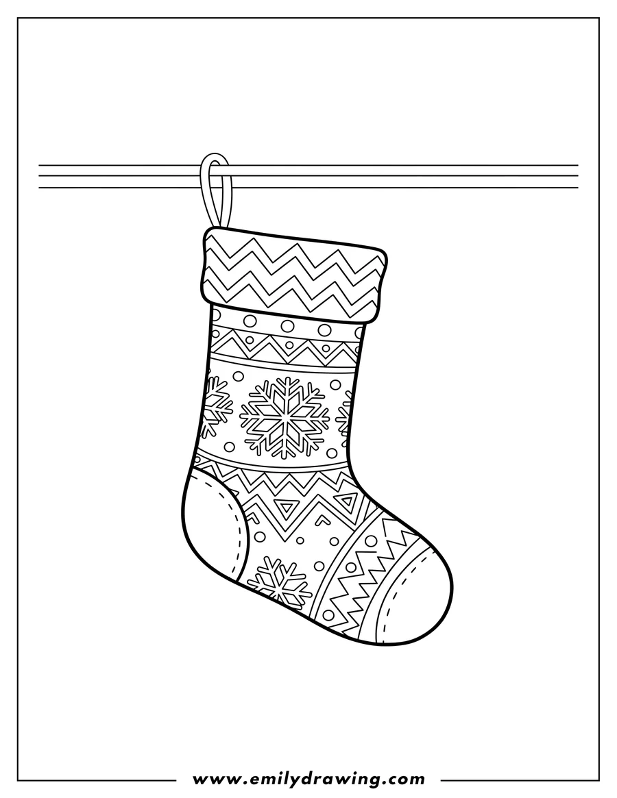 Free printable coloring sheet of easy To Color Christmas Stocking with a geometric snowflake pattern and zigzag cuff