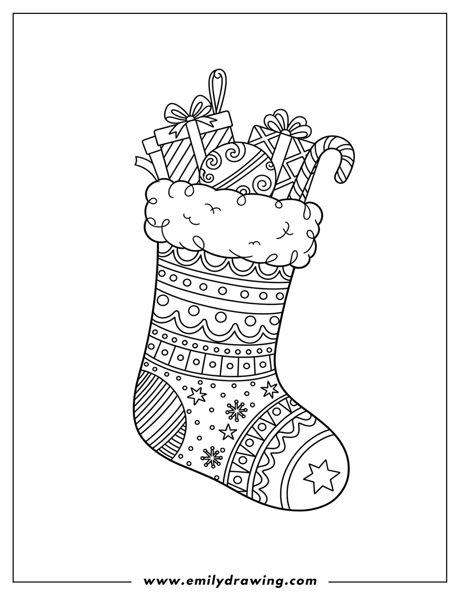 Coloring page of easy Christmas Stocking With Presents And Candy Cane, with a fluffy cuff and patterned designs