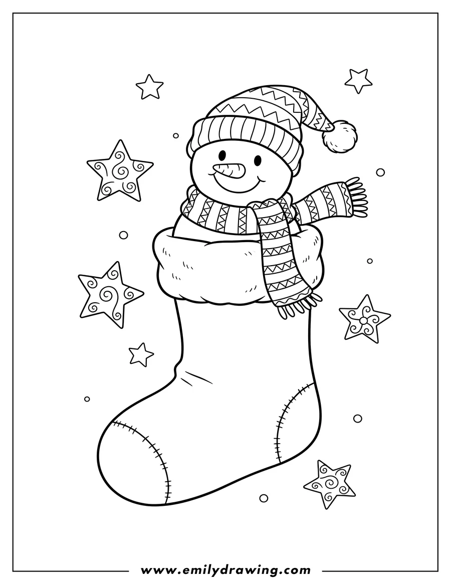 Simple sketch of easy Christmas stocking with a snowman wearing a hat and scarf, and star decorations to color