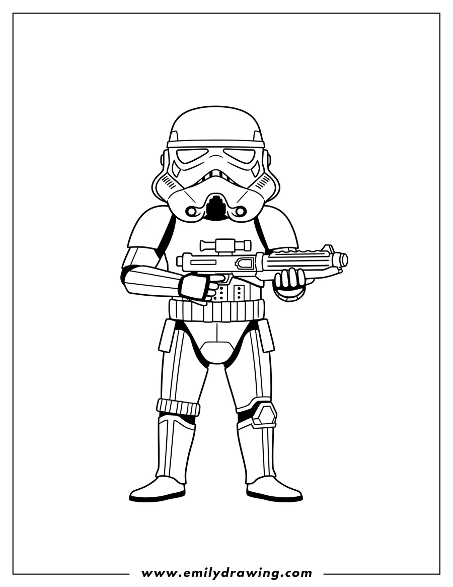 Downloadable coloring page of easy Stormtrooper Outline holding a blaster