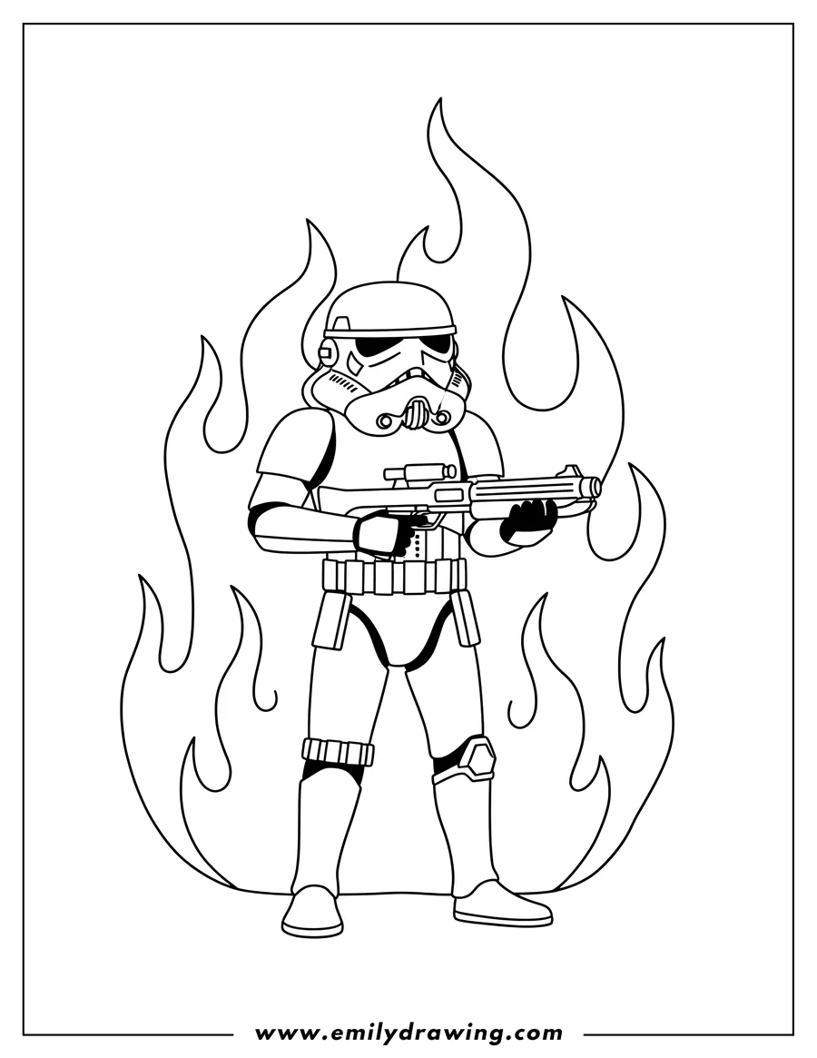 Clean line drawing: easy Stormtrooper standing, shooting a blaster held with two hands, with Flames Background