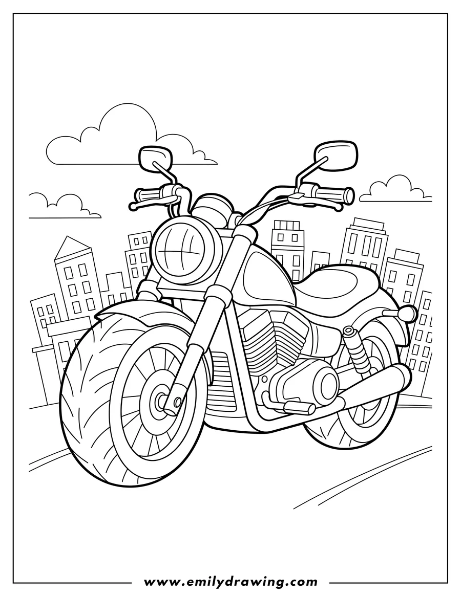 Black and white line art of street Motorcycle City Scaled, parked, line art