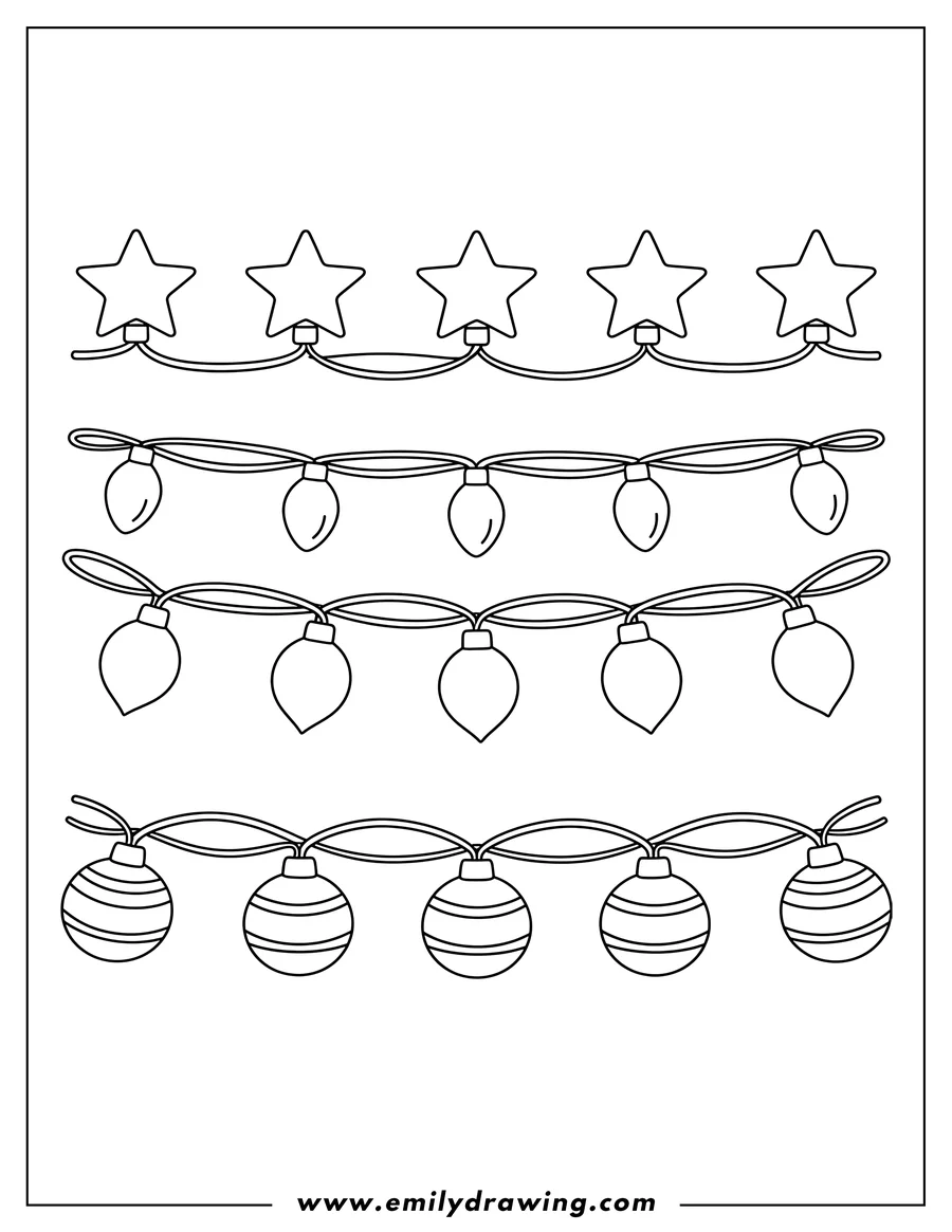 Coloring sheet featuring easy To Color Christmas string lights in multiple rows
