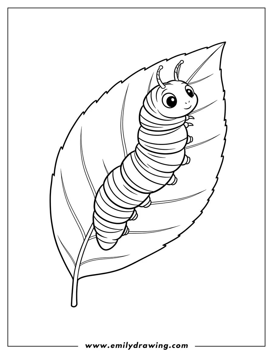 Free printable coloring sheet of striped caterpillar crawling up a leaf