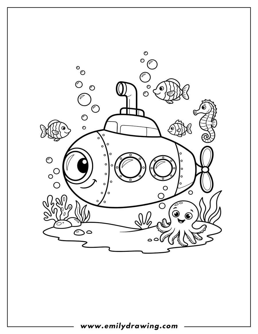 Full page coloring image of easy Submarine Outline underwater with fish and bubbles
