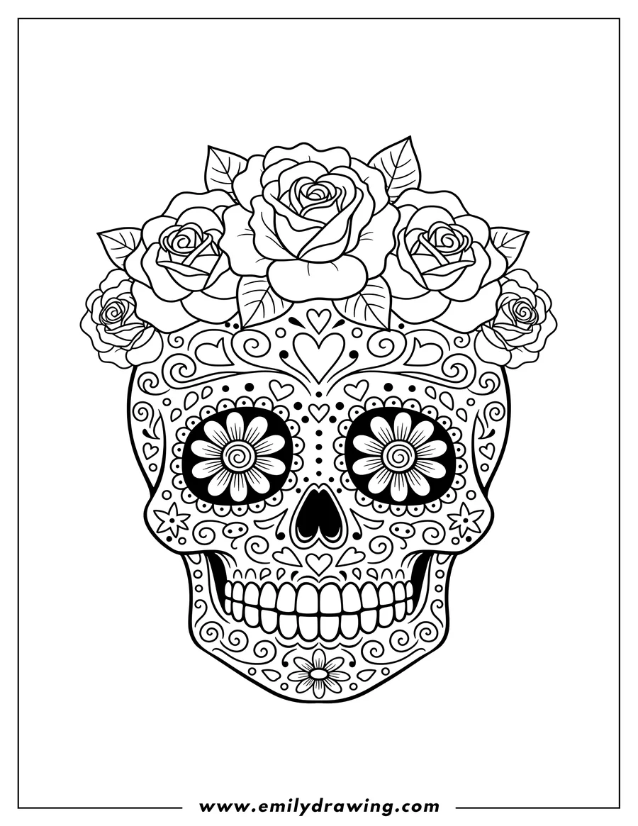 Printable coloring page of easy Sugar Skull Design With Roses On Head, with ornate patterns and flower-patterned eyes