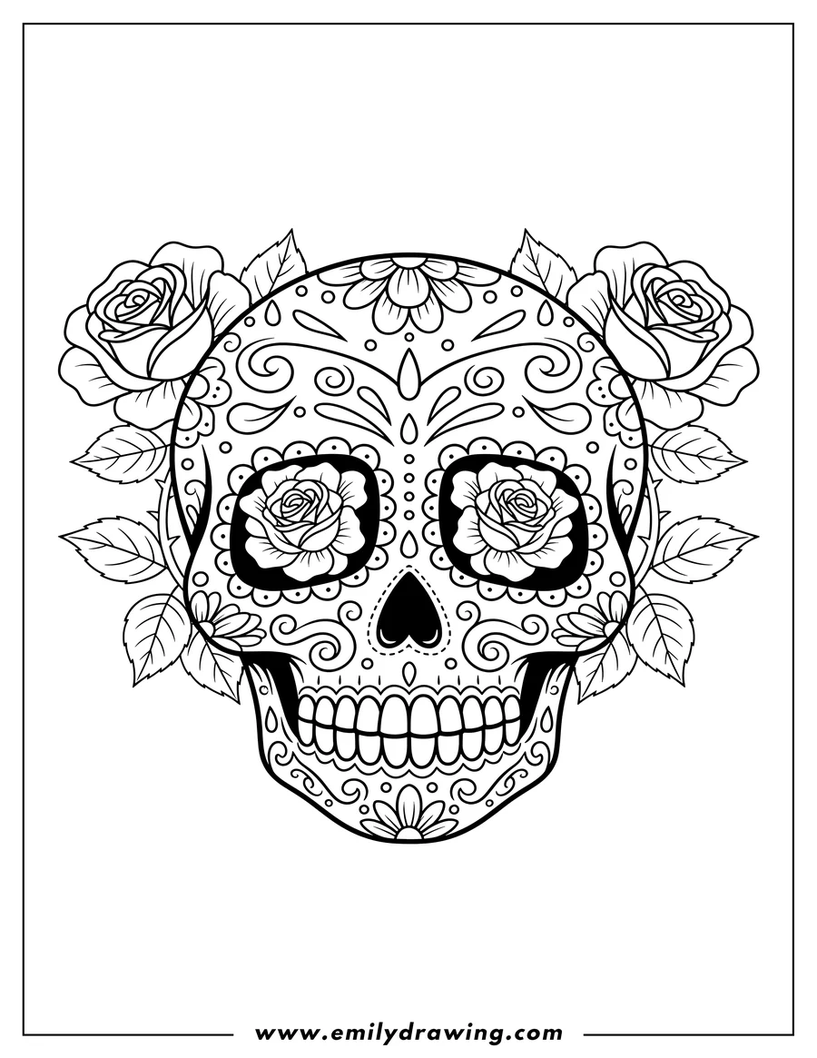 Free printable coloring sheet of easy Sugar Skull With Roses, featuring floral eye sockets and intricate facial patterns