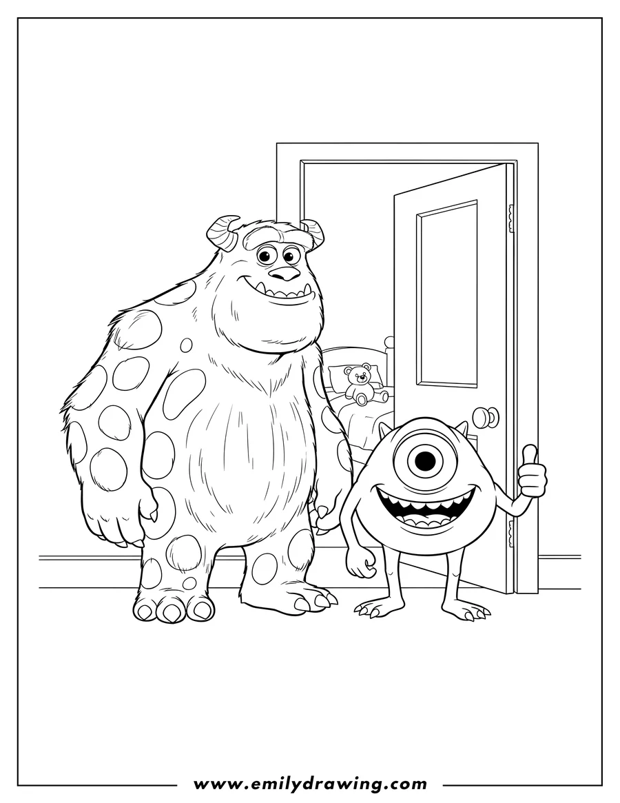 Free printable coloring sheet of sully and Mike from Monsters Inc, standing in front of a door, with Mike giving a thumbs up and both smiling