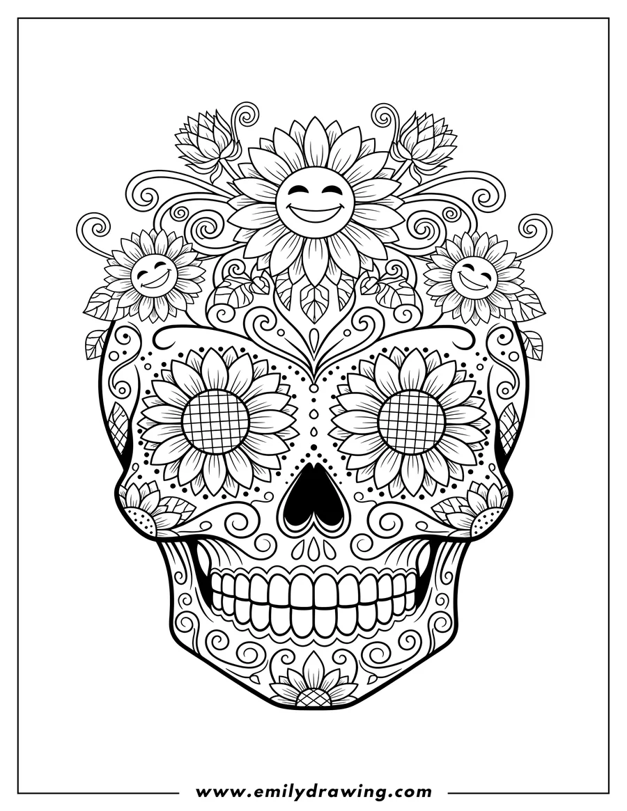 Coloring page of sunflower Themed Sugar Skull with Floral Eyes and a Toothed Mouth