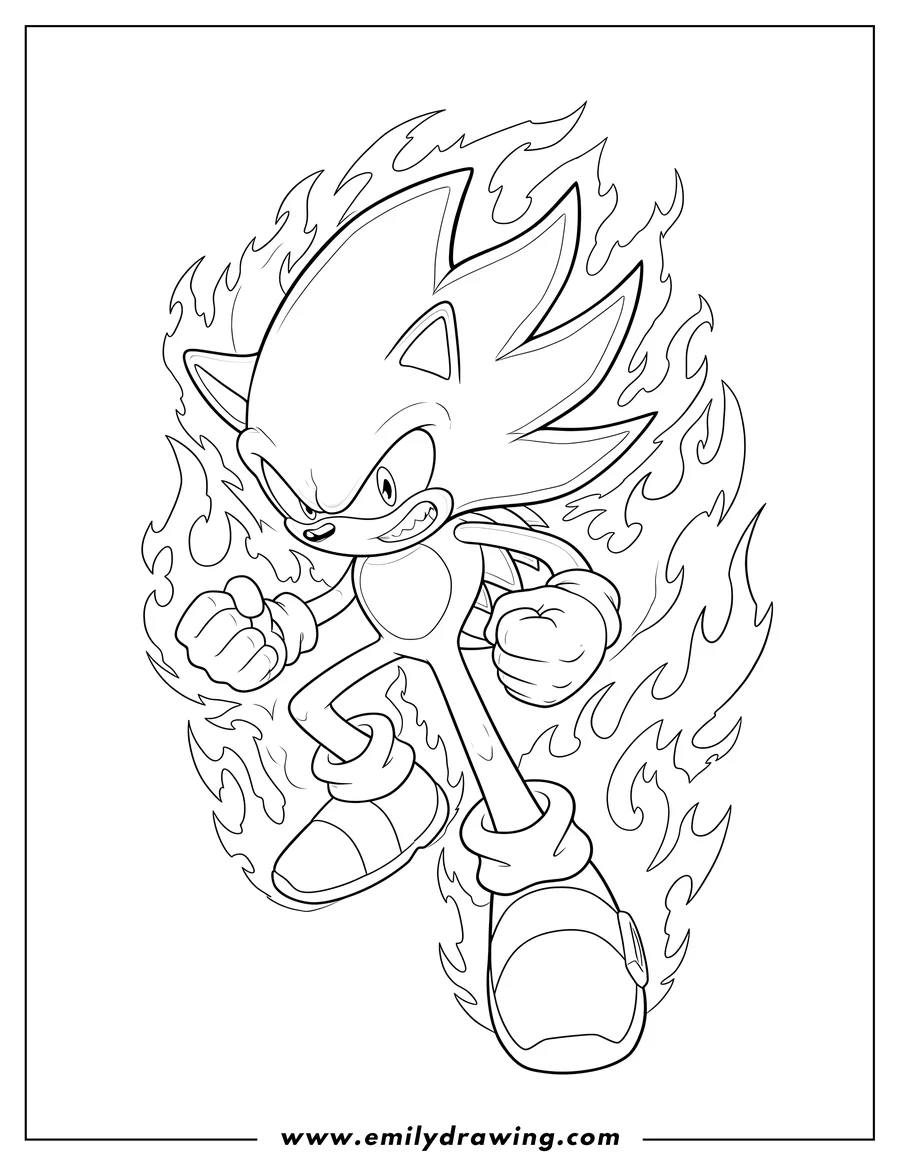 Coloring page for kids: super Sonic with an angry expression and clenched fists, surrounded by fiery energy