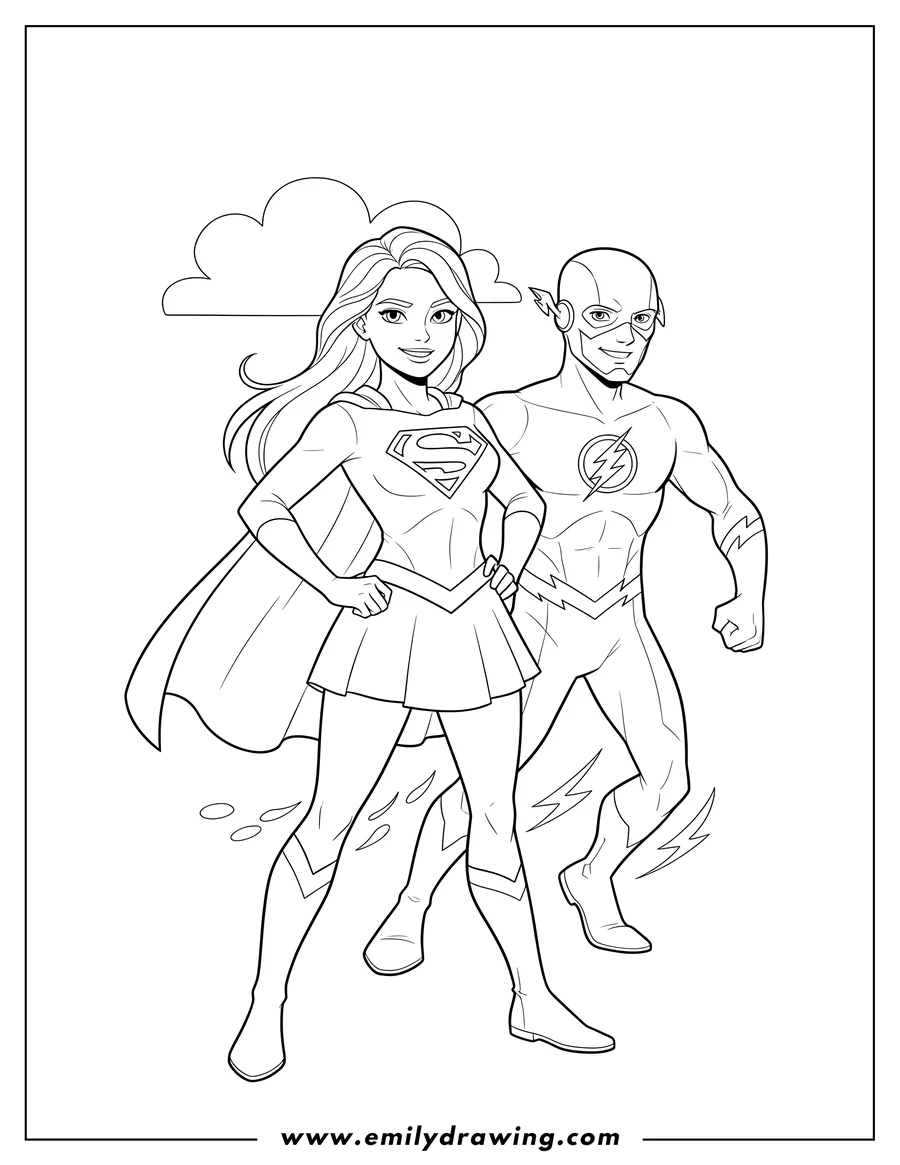 High quality printable easy Supergirl and Flash outline, standing together with Supergirl in the foreground for coloring