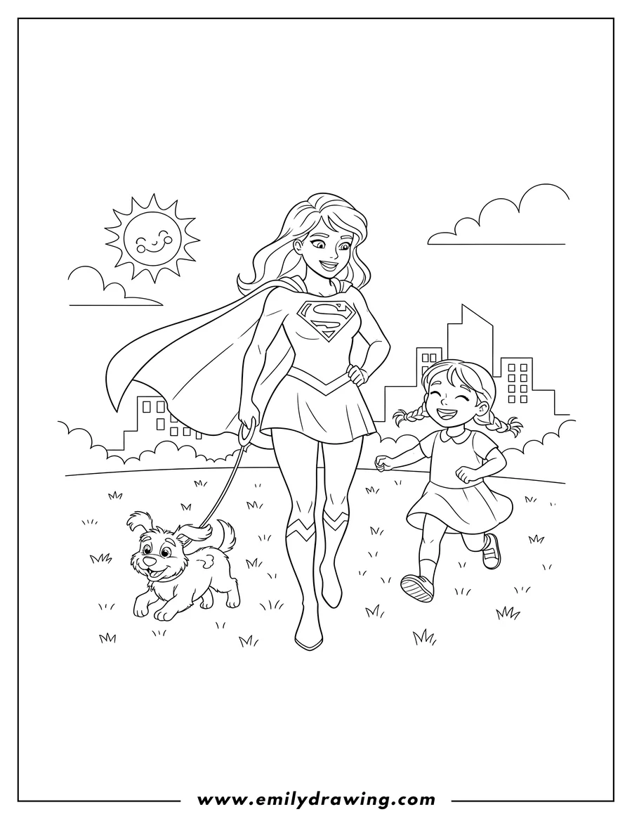 Printable line art of supergirl helping a running little girl and her dog by holding the dog's leash