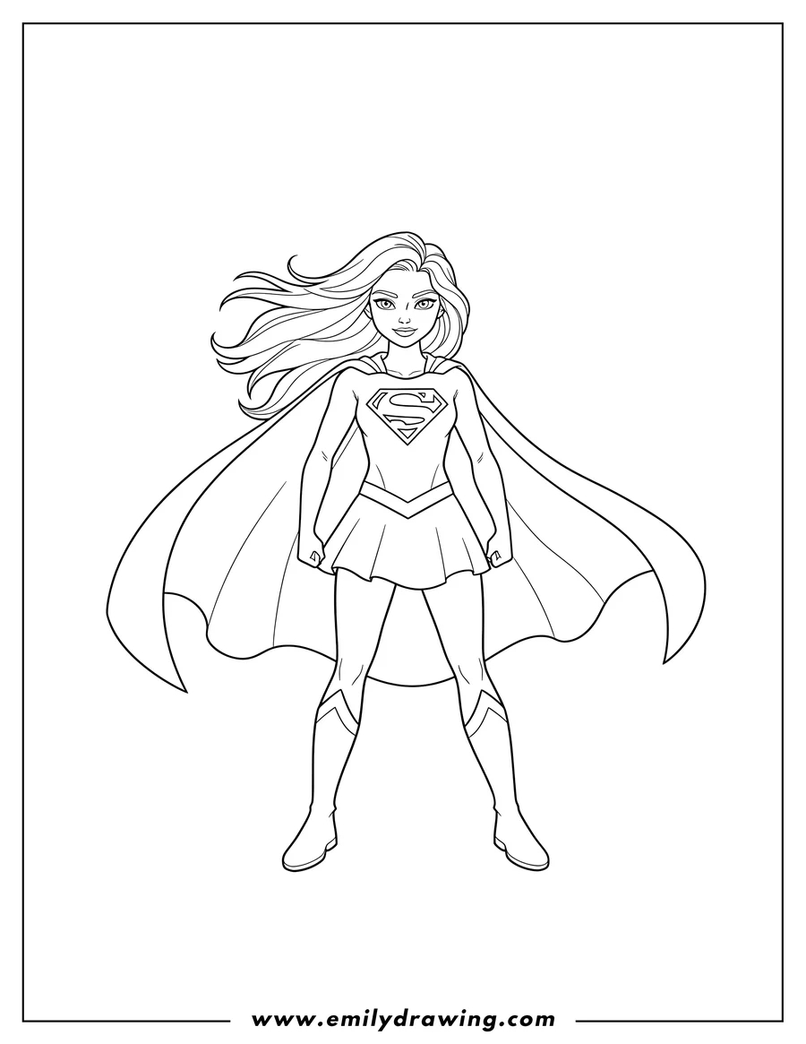 Printable coloring page of easy Supergirl standing with a cape and long flowing hair