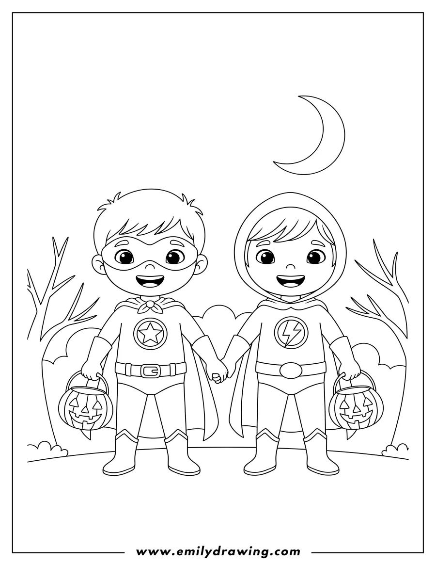Simple sketch of two smiling boys dressed as superheroes holding hands and pumpkin candy buckets, trick or treating to color