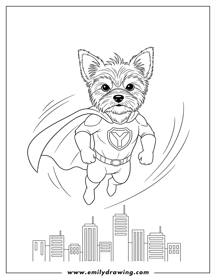 Black and white line art of superhero Yorkie with a 'Y' emblem and flowing cape flying over a city