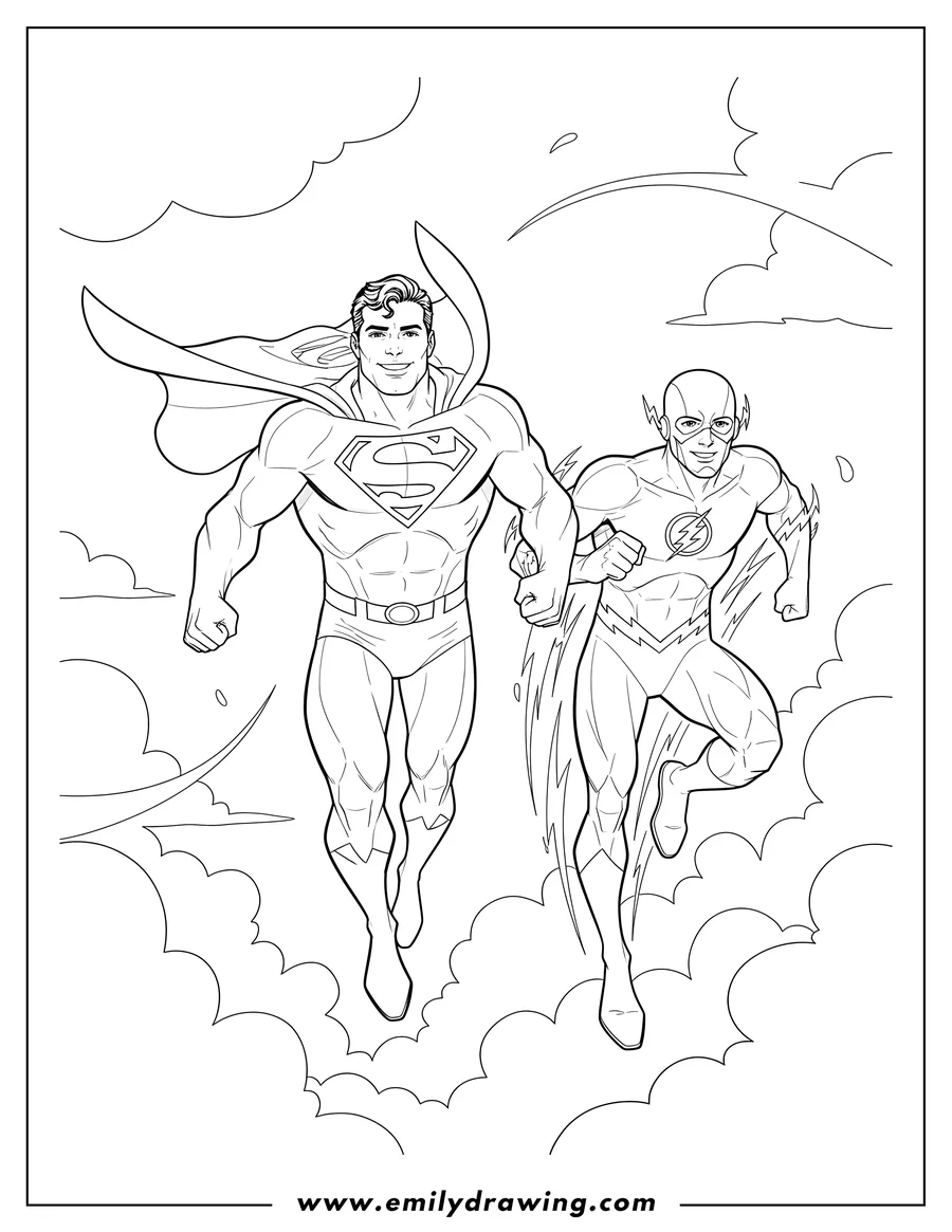 Outline drawing of superman and Flash flying side-by-side