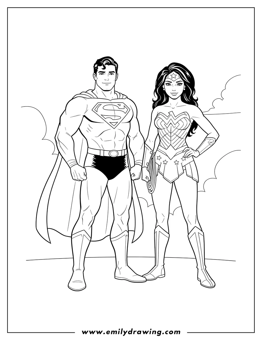 Downloadable coloring page of superman And Wonder Woman Scaled, standing together and looking directly forward