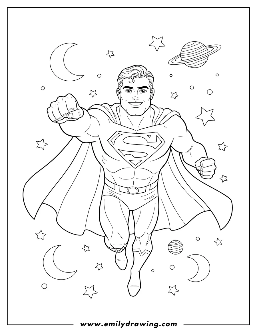 Black and white line art of superman Flying Outer Space with a billowing cape and outstretched arm