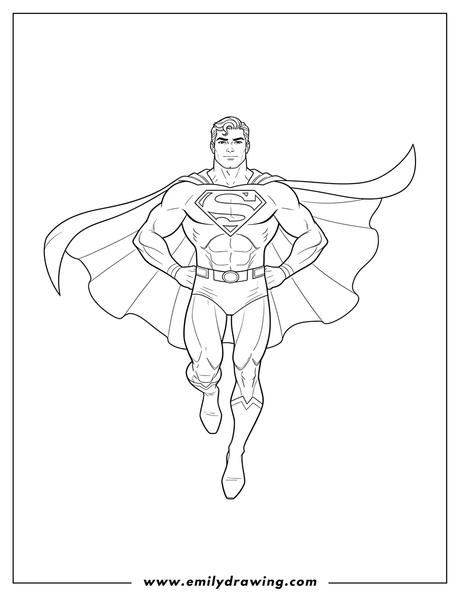 Doodle style coloring picture of superman hovering with hands on hips, one leg bent forward, and cape flowing
