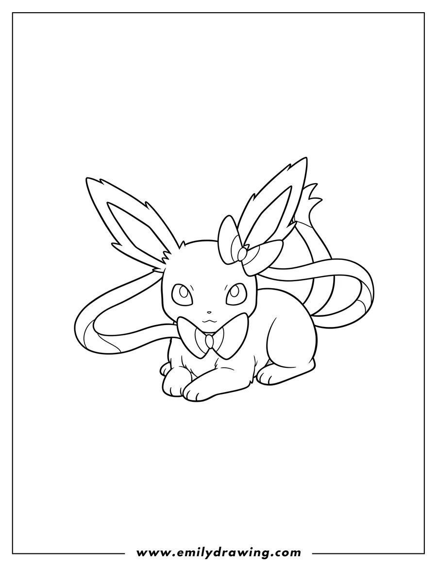 Clean line drawing: easy Sylveon lying on its stomach, looking forward