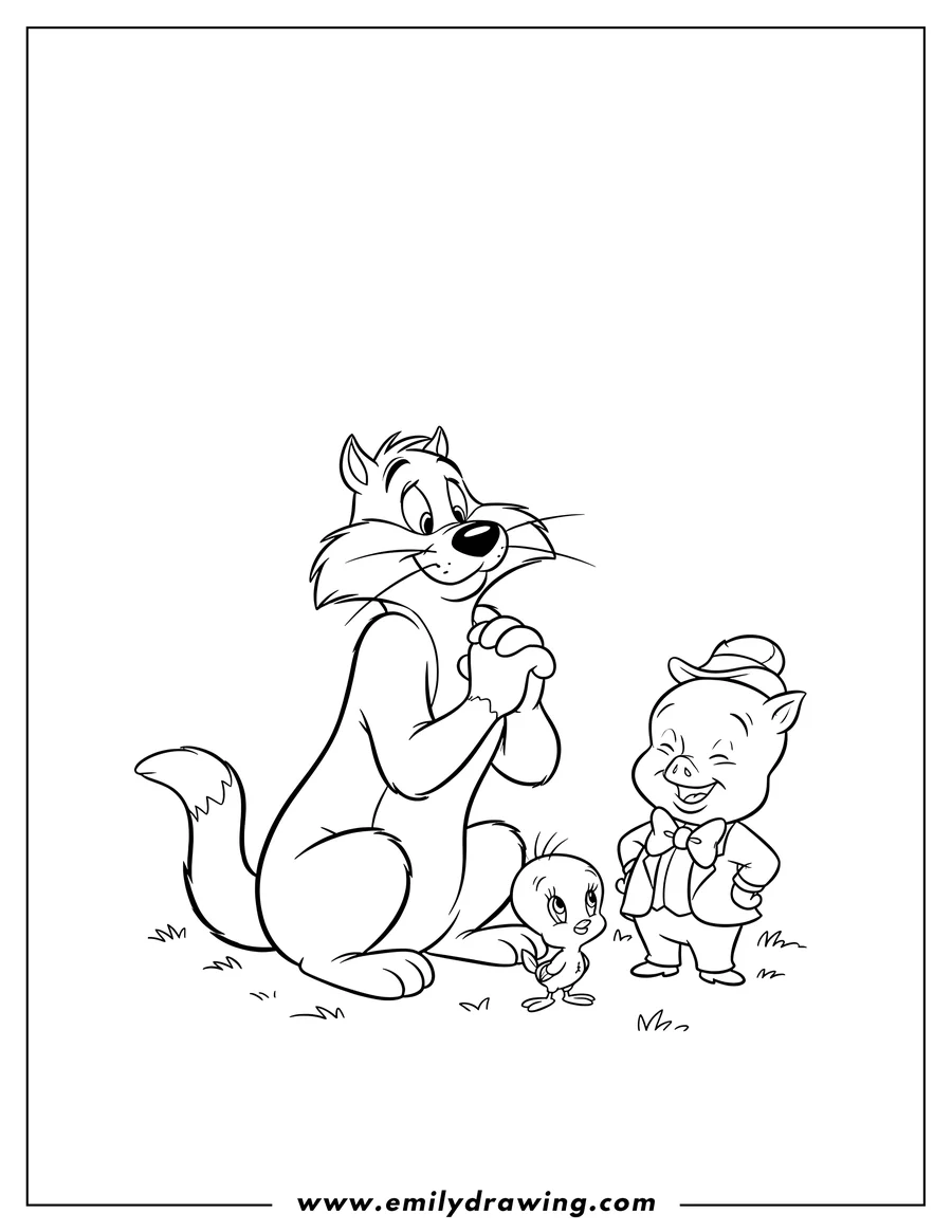 PDF style coloring page: sylvester with clasped hands, Porky Pig wearing a bow tie, and Tweety sitting on the ground