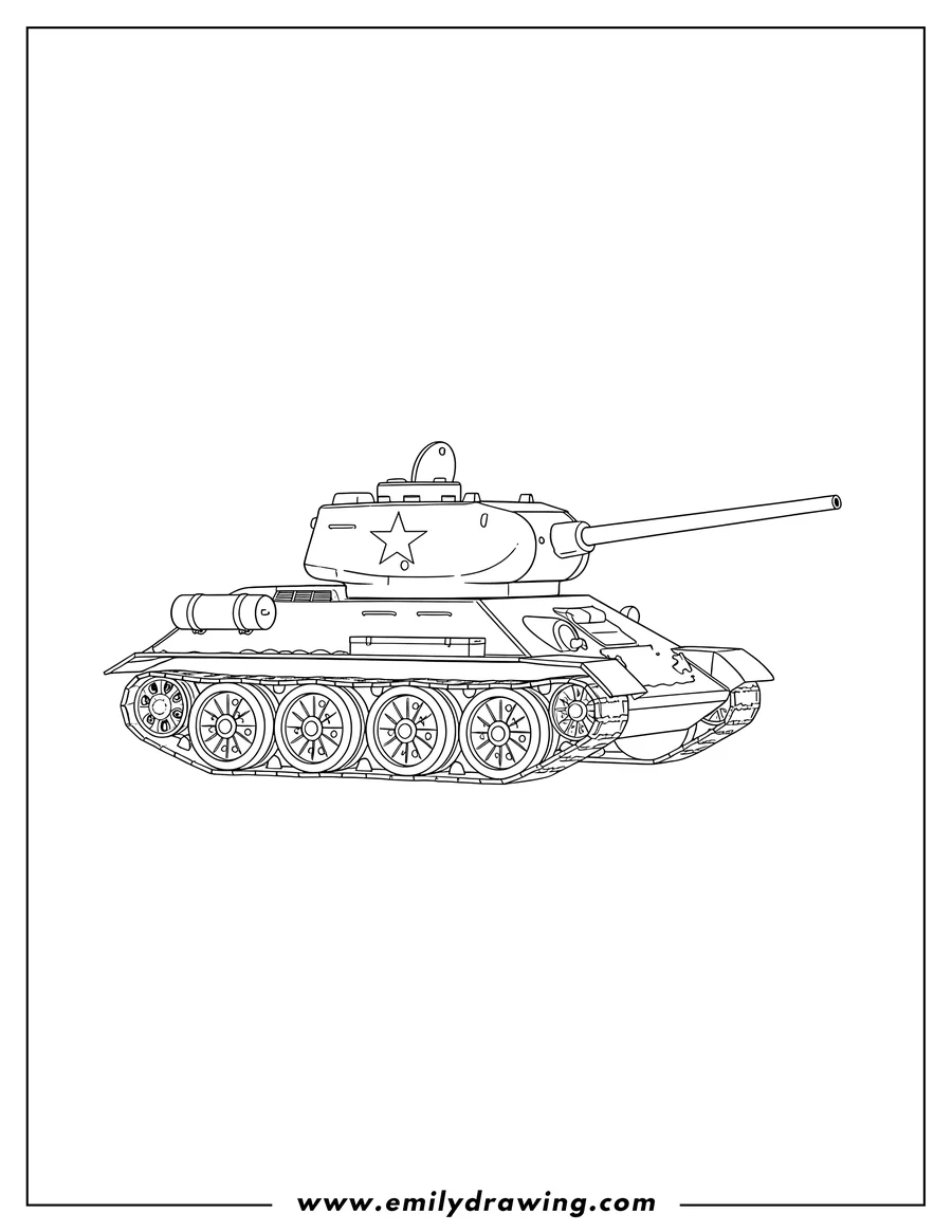 Simple sketch of easy T 34 76 Tank with a star on its turret to color