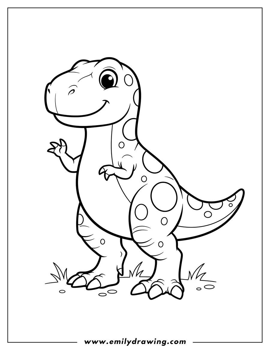 Downloadable coloring page of easy T-Rex to color for preschoolers, standing with a friendly face and spots