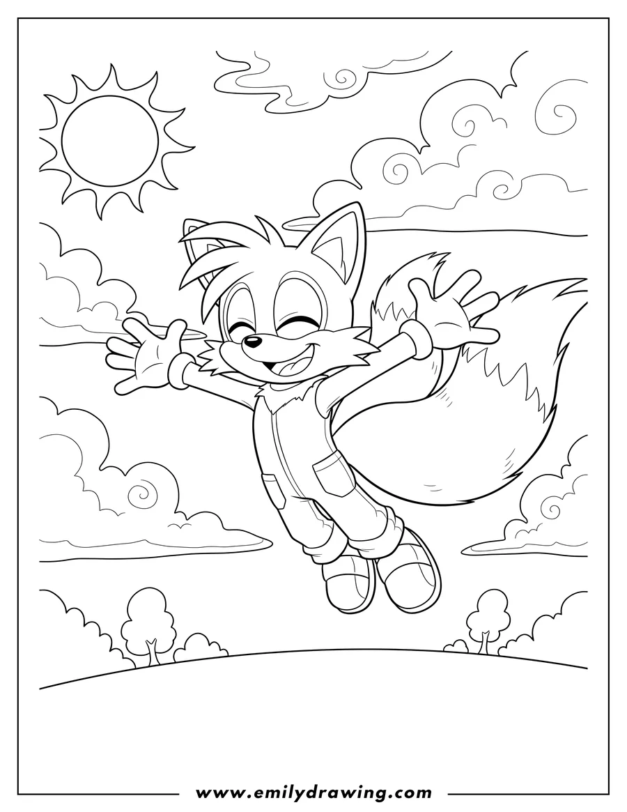 Outline drawing of easy Tails Flying, smiling with outstretched arms