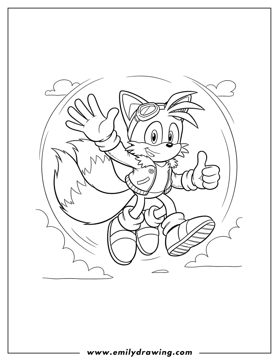 Downloadable coloring page of tails flying, waving one hand and giving a thumbs-up with the other