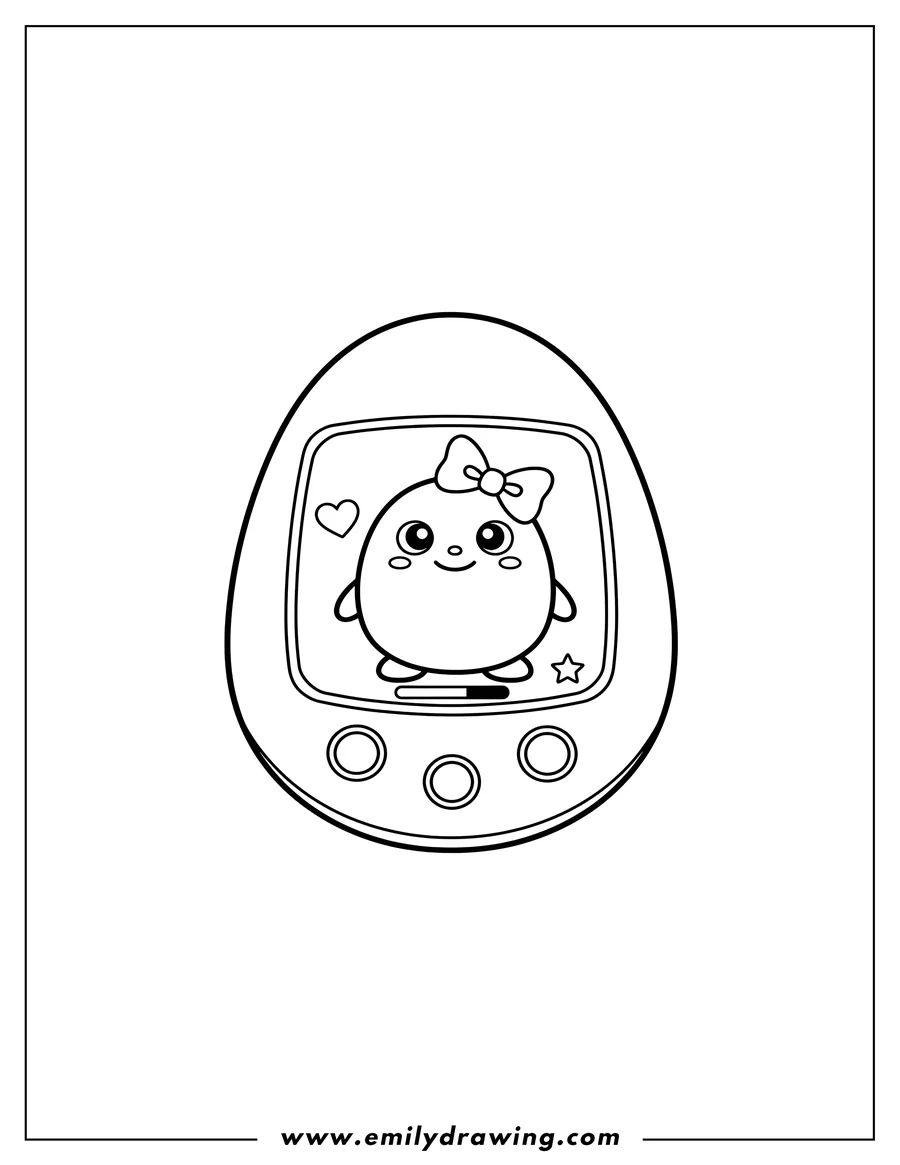 Full page coloring image of easy Tamagotchi Game featuring a cute character with a bow on its screen