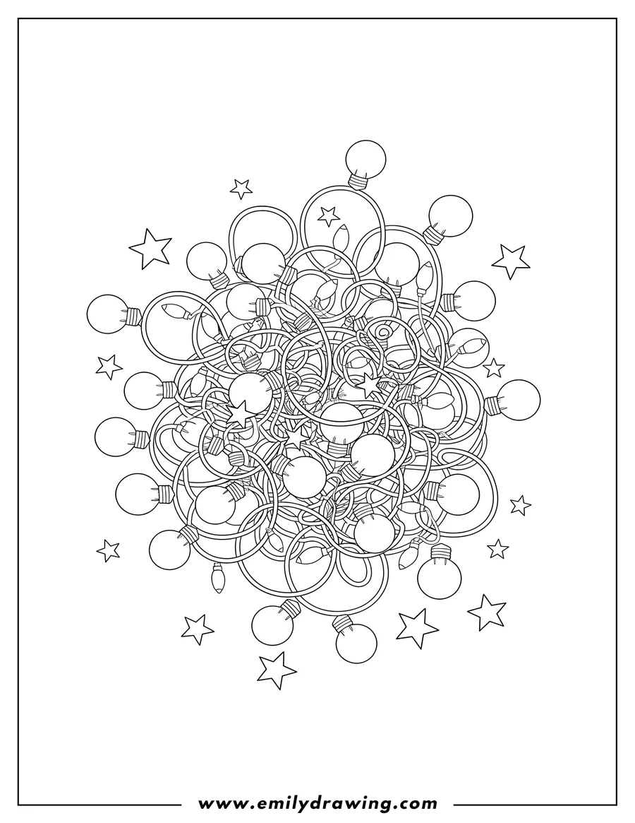 Clean line drawing: tangled string of Christmas light bulbs and scattered five-pointed stars for coloring