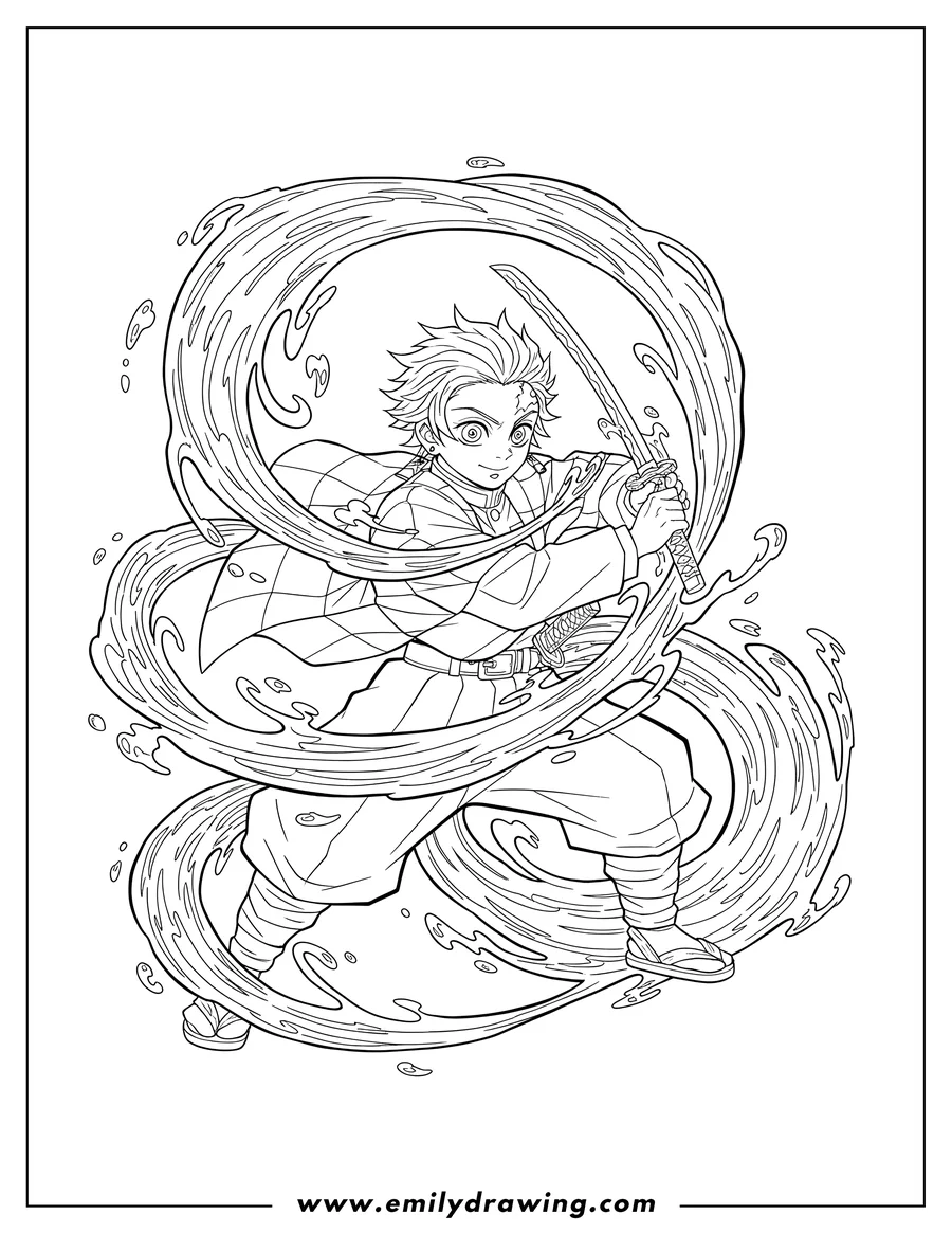 Simple sketch of tanjiro Harnessing Constant Flux, wielding his sword with swirling water surrounding him to color