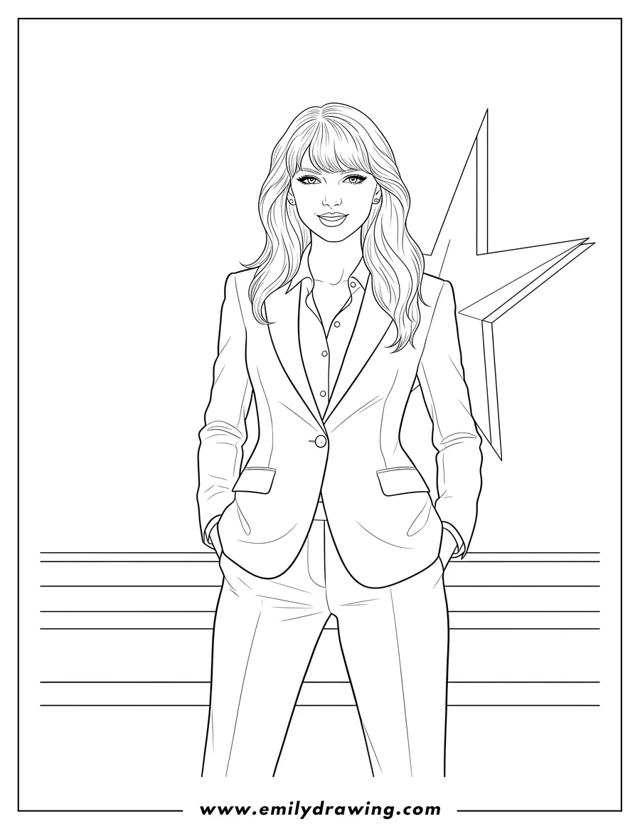High quality printable taylor Swift Wearing An Elegant Power Suit, standing, with long wavy hair and bangs for coloring